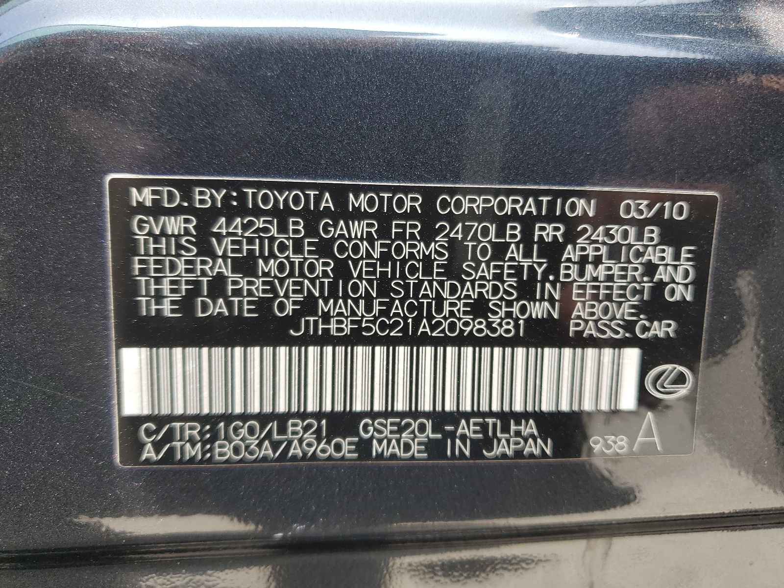 JTHBF5C21A2098381 2010 Lexus Is 250