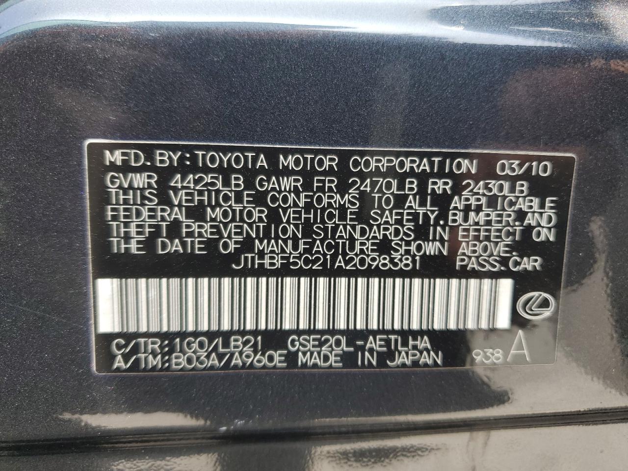 2010 Lexus Is 250 VIN: JTHBF5C21A2098381 Lot: 53600824