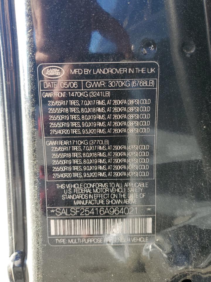 2006 Land Rover Range Rover Sport Hse VIN: SALSF25416A964021 Lot: 51482524