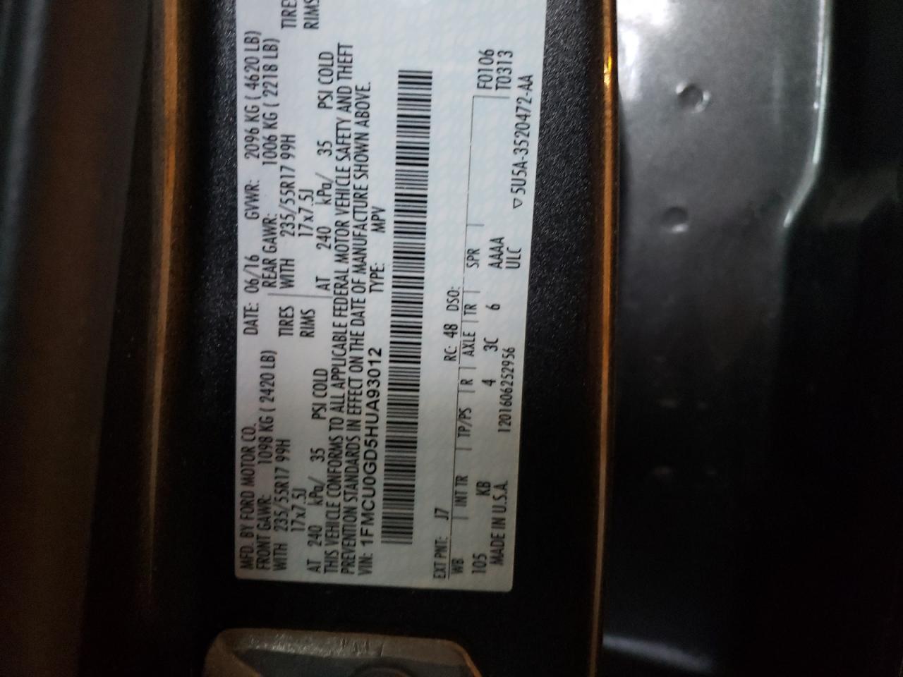 2017 Ford Escape Se VIN: 1FMCU0GD5HUA93012 Lot: 42904514