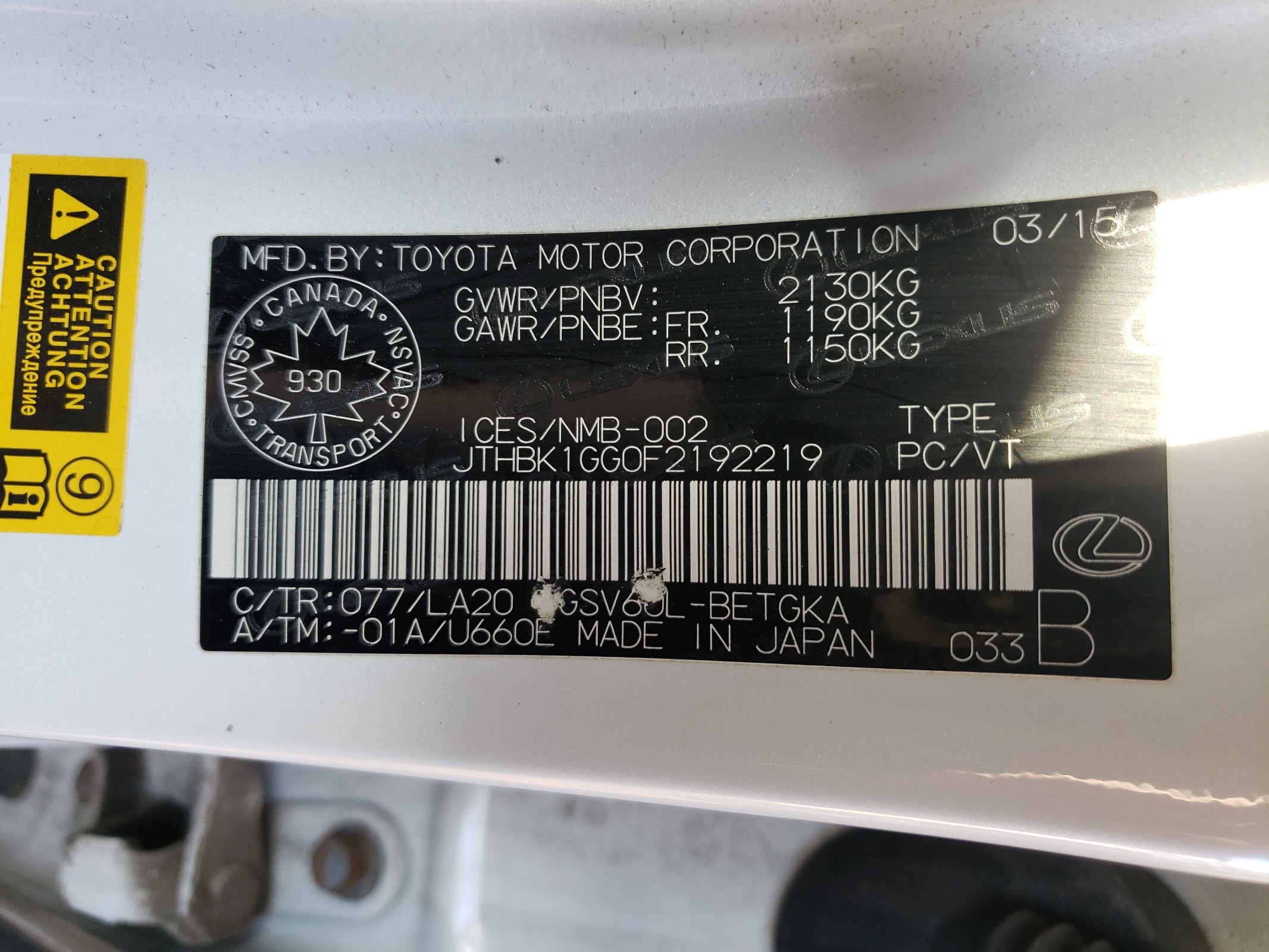 JTHBK1GG0F2192219 2015 Lexus Es 350