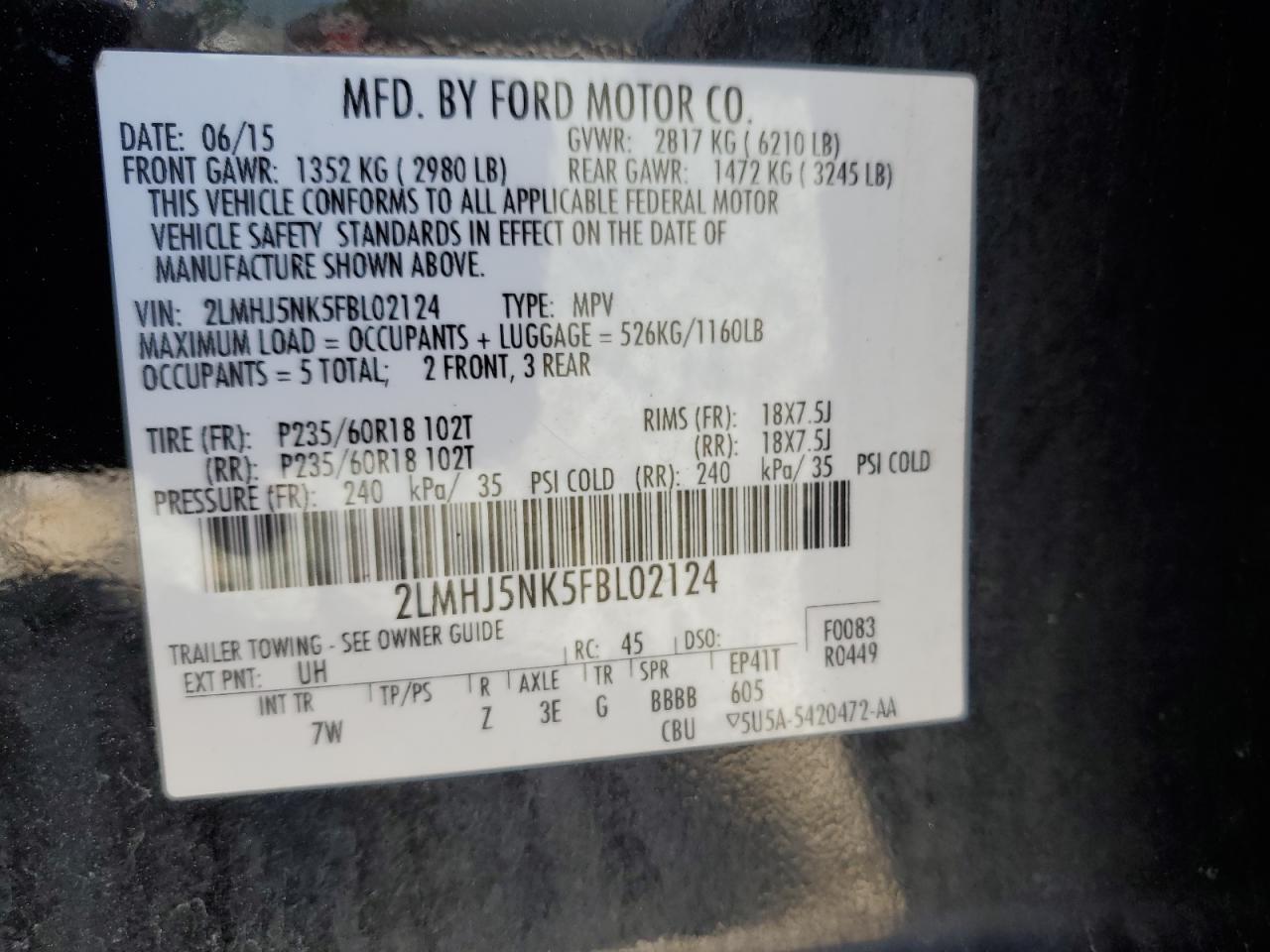 2015 Lincoln Mkt VIN: 2LMHJ5NK5FBL02124 Lot: 52947714