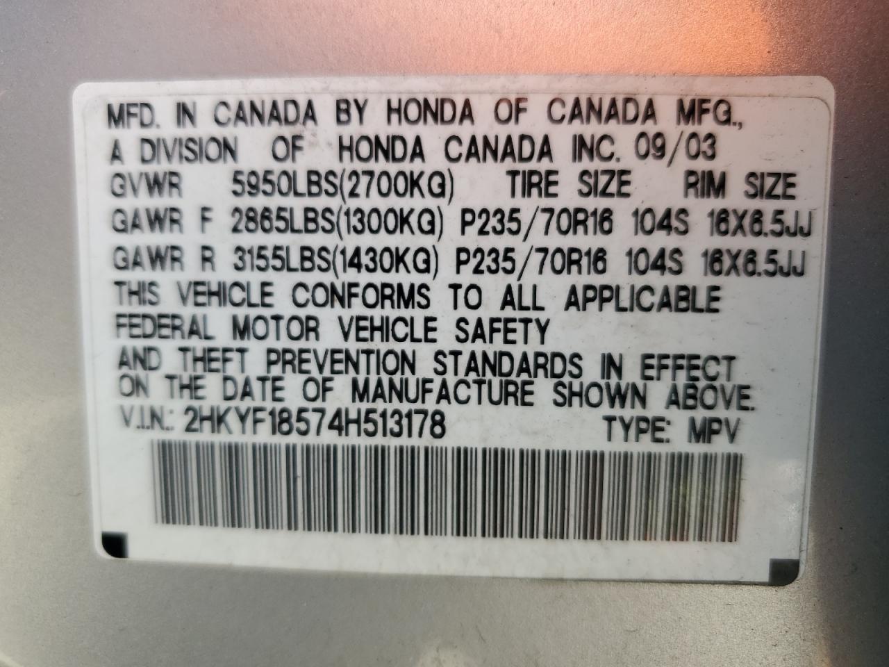 2004 Honda Pilot Exl VIN: 2HKYF18574H513178 Lot: 52727974