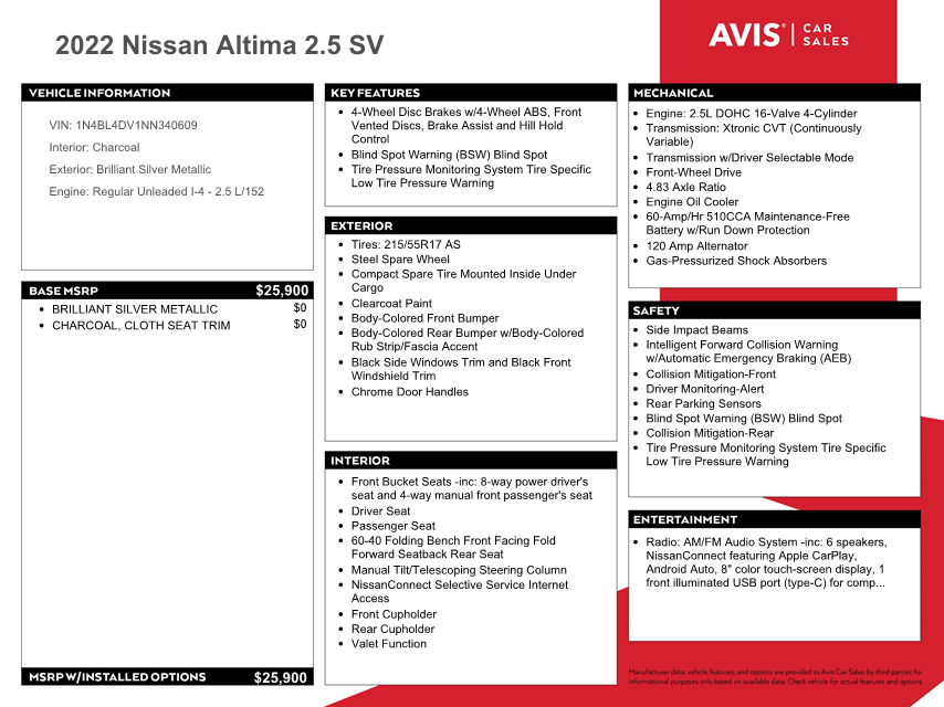 1N4BL4DV1NN340609 2022 Nissan Altima Sv