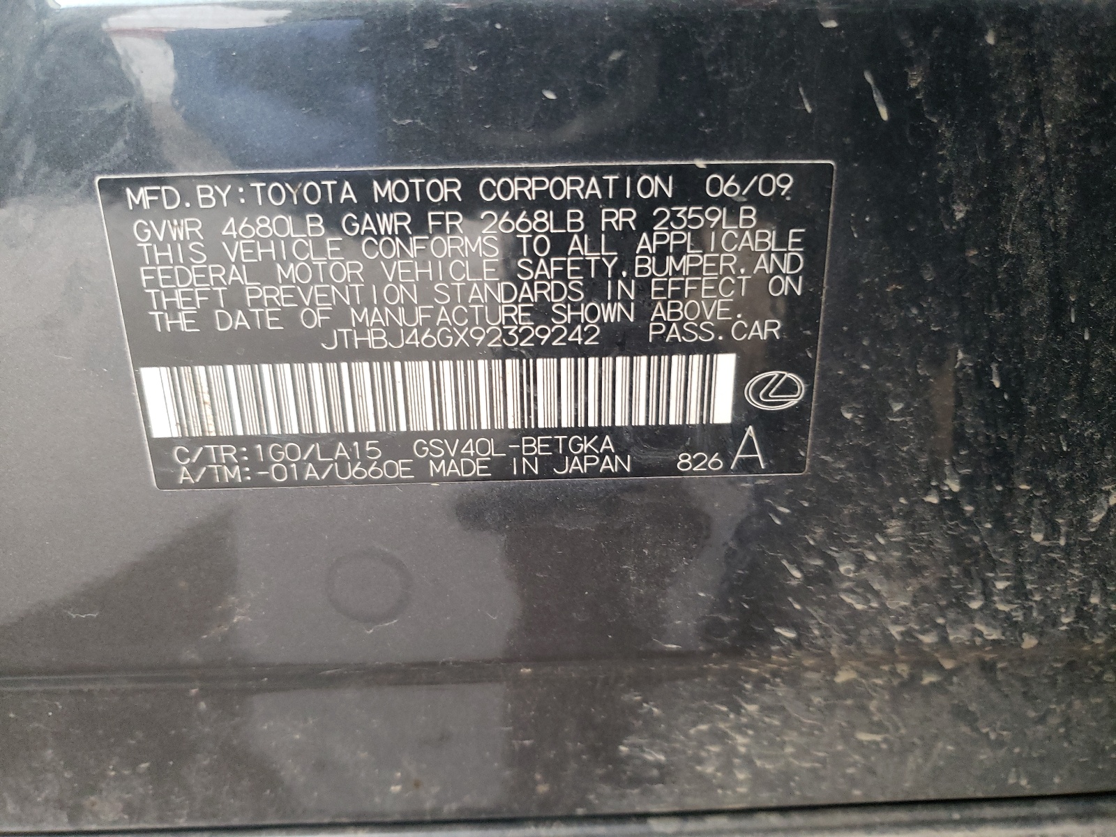 JTHBJ46GX92329242 2009 Lexus Es 350