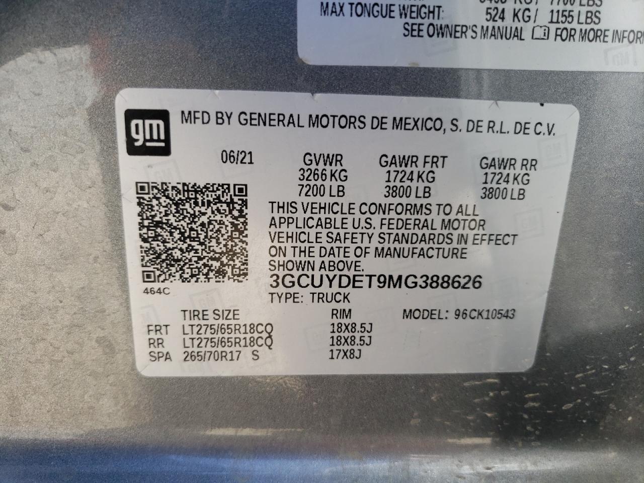 2021 Chevrolet Silverado K1500 Lt VIN: 3GCUYDET9MG388626 Lot: 50733714