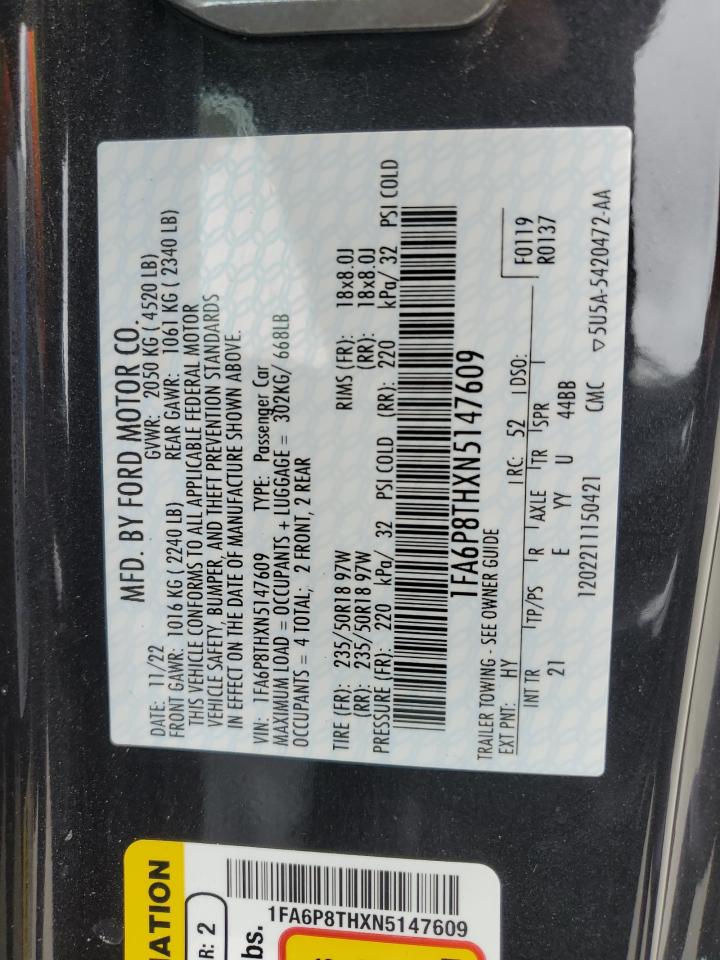 2022 Ford Mustang VIN: 1FA6P8THXN5147609 Lot: 51817984