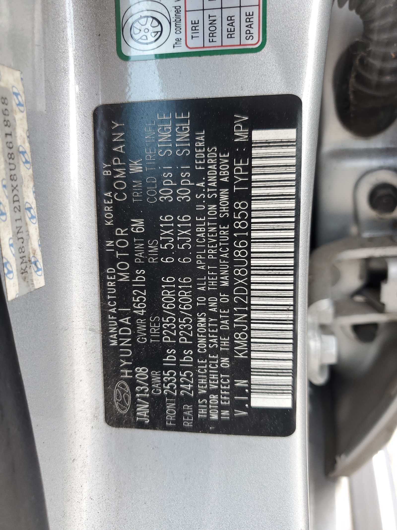 KM8JN12DX8U861858 2008 Hyundai Tucson Se