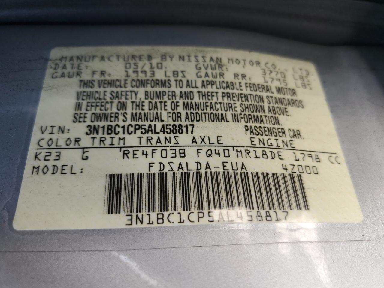 2010 Nissan Versa S VIN: 3N1BC1CP5AL458817 Lot: 50908764