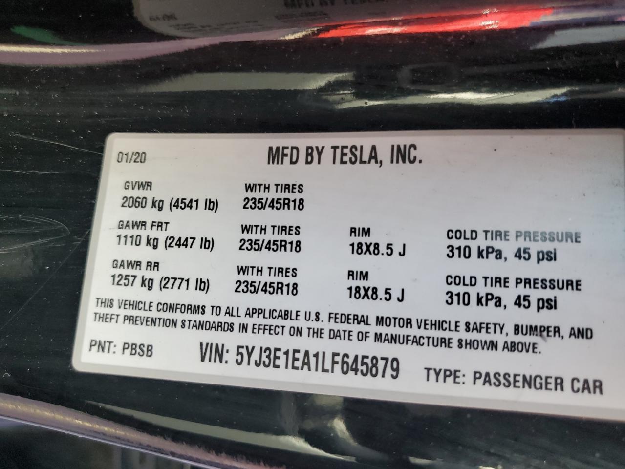 5YJ3E1EA1LF645879 2020 Tesla Model 3