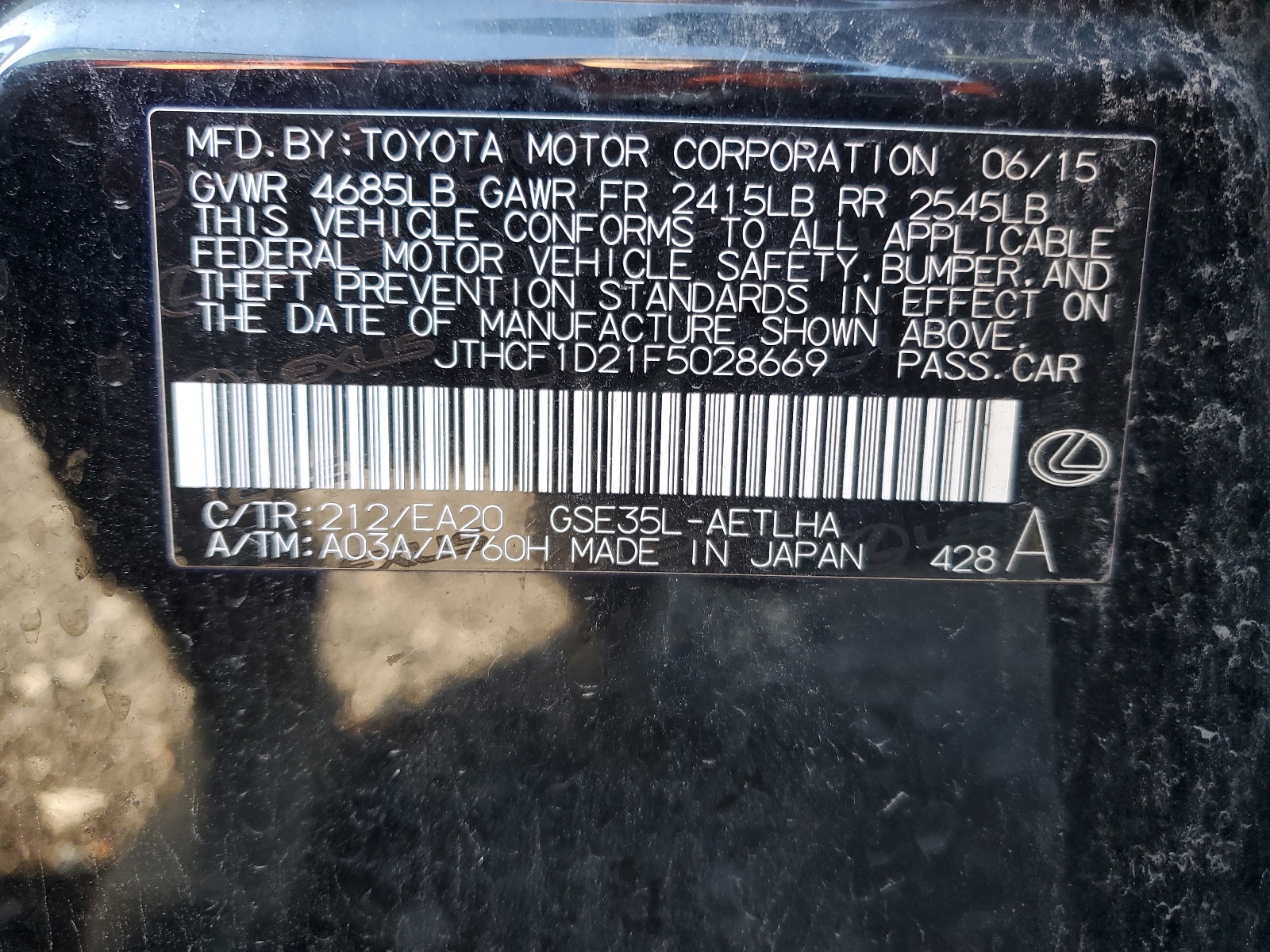 JTHCF1D21F5028669 2015 Lexus Is 250