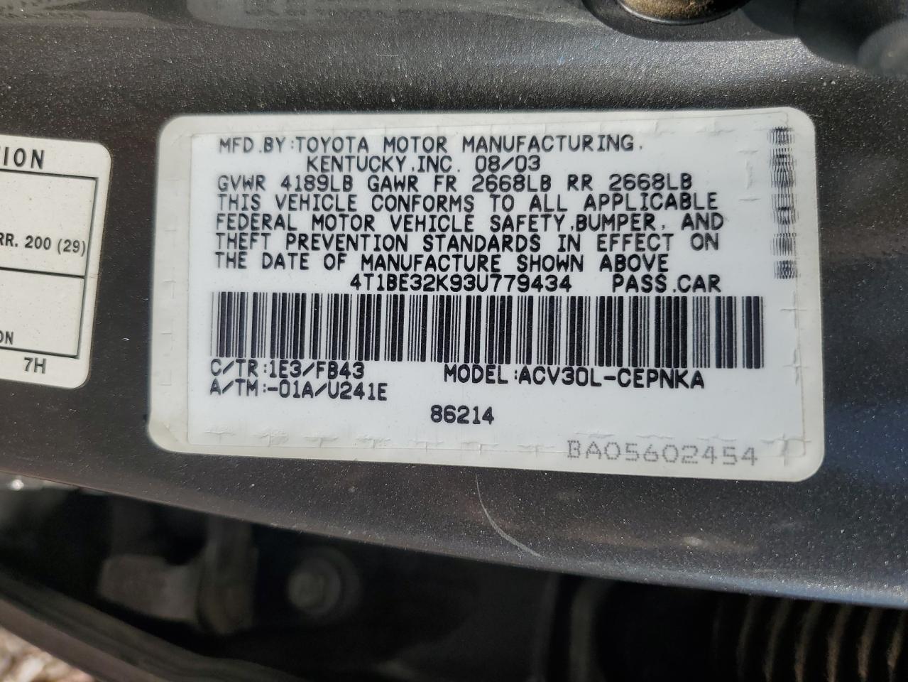 2003 Toyota Camry Le VIN: 4T1BE32K93U779434 Lot: 52749334