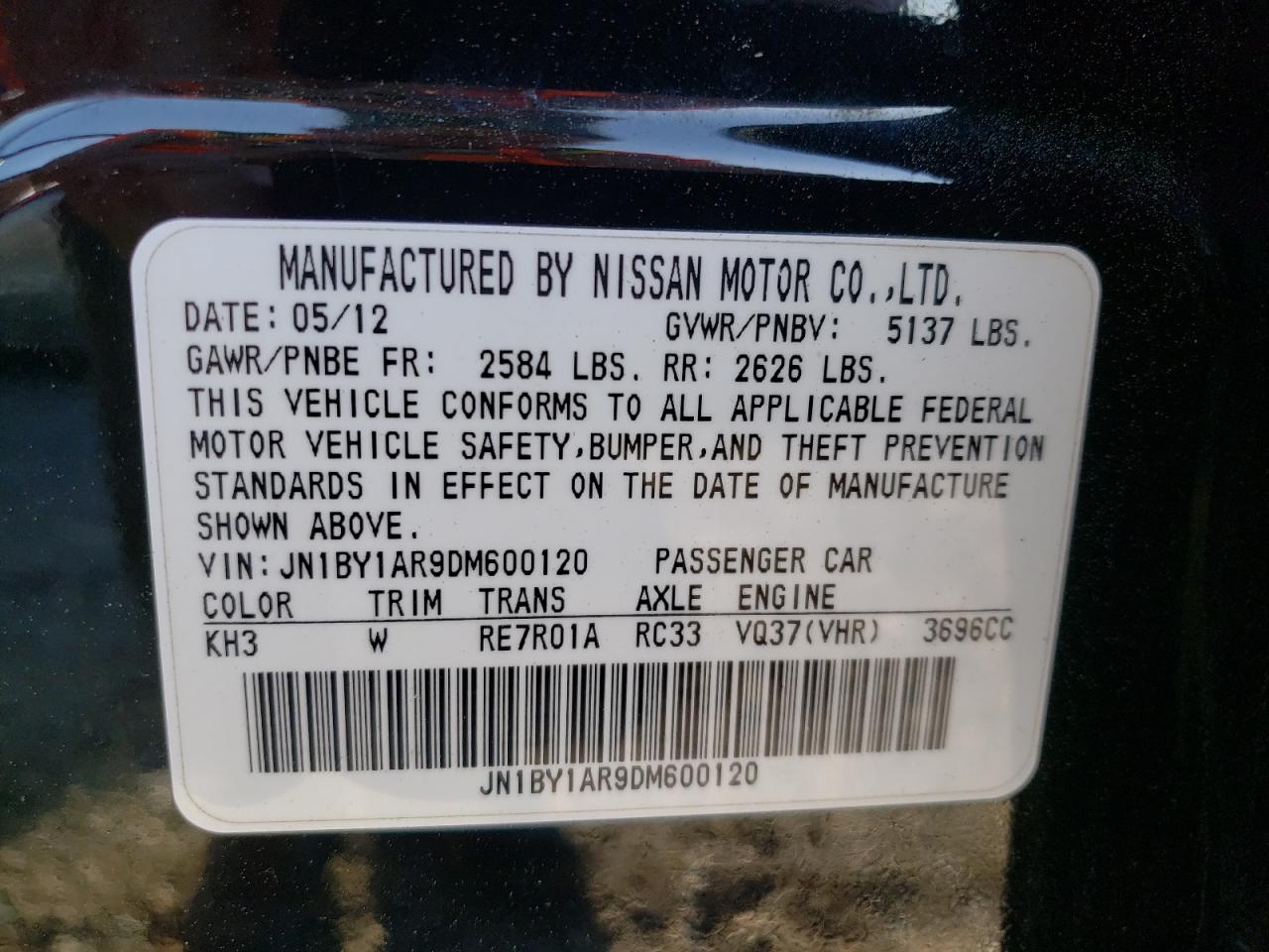 2013 Infiniti M37 X VIN: JN1BY1AR9DM600120 Lot: 50695014