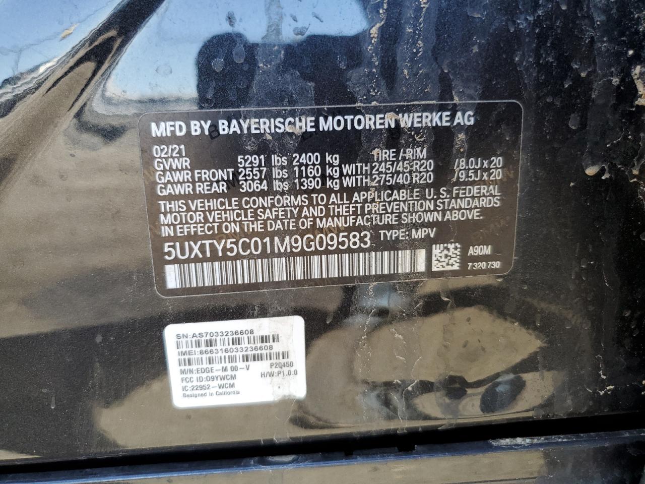 2021 BMW X3 xDrive30I VIN: 5UXTY5C01M9G09583 Lot: 50546794