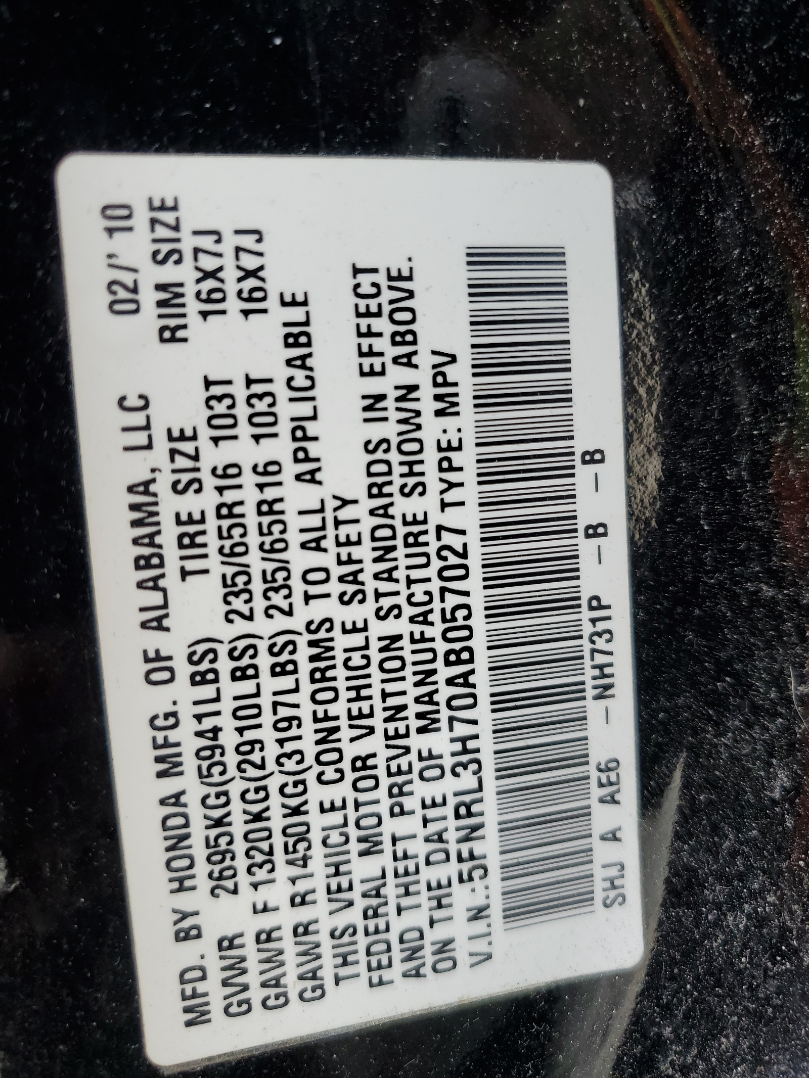 5FNRL3H70AB057027 2010 Honda Odyssey Exl