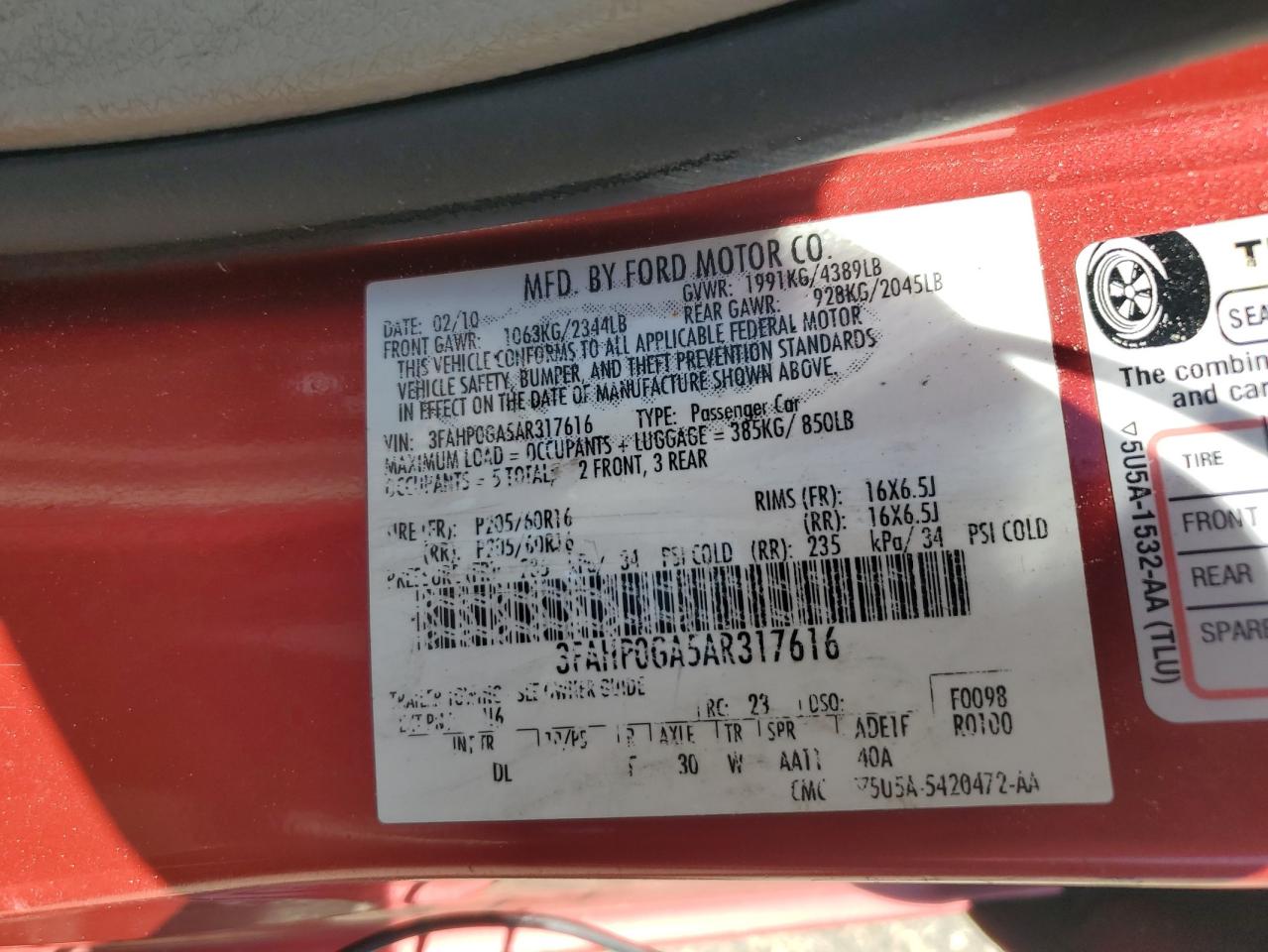 2010 Ford Fusion S VIN: 3FAHP0GA5AR317616 Lot: 50666194