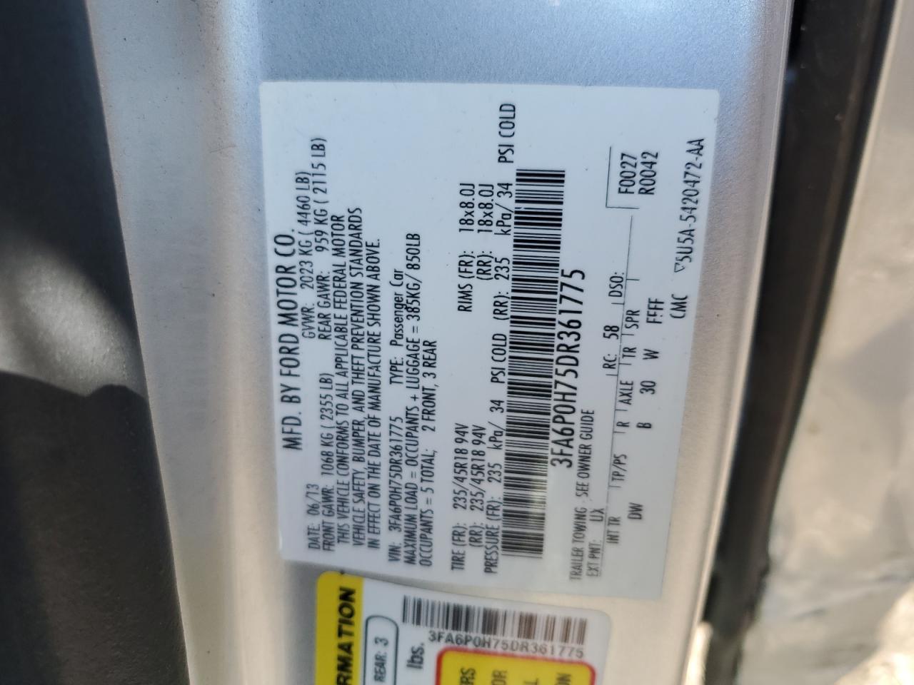 2013 Ford Fusion Se VIN: 3FA6P0H75DR361775 Lot: 50586404