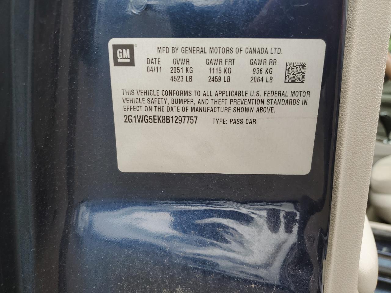 2011 Chevrolet Impala Lt VIN: 2G1WG5EK8B1297757 Lot: 74103894