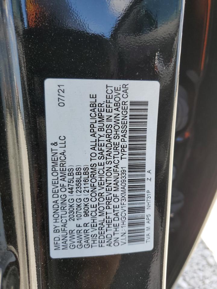 2021 Honda Accord Sport VIN: 1HGCV1F3XMA093391 Lot: 51111664