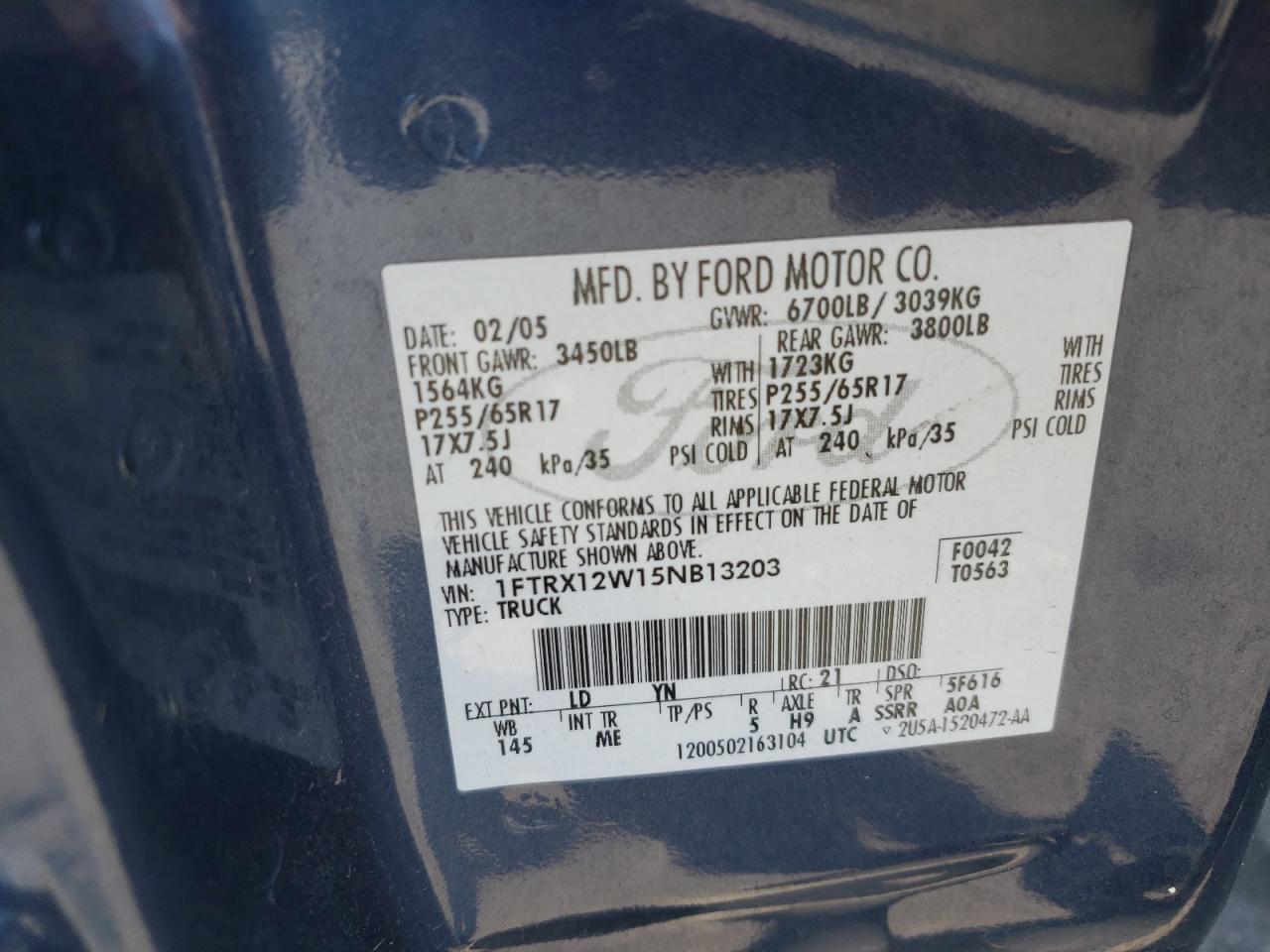 2005 Ford F150 VIN: 1FTRX12W15NB13203 Lot: 52556424