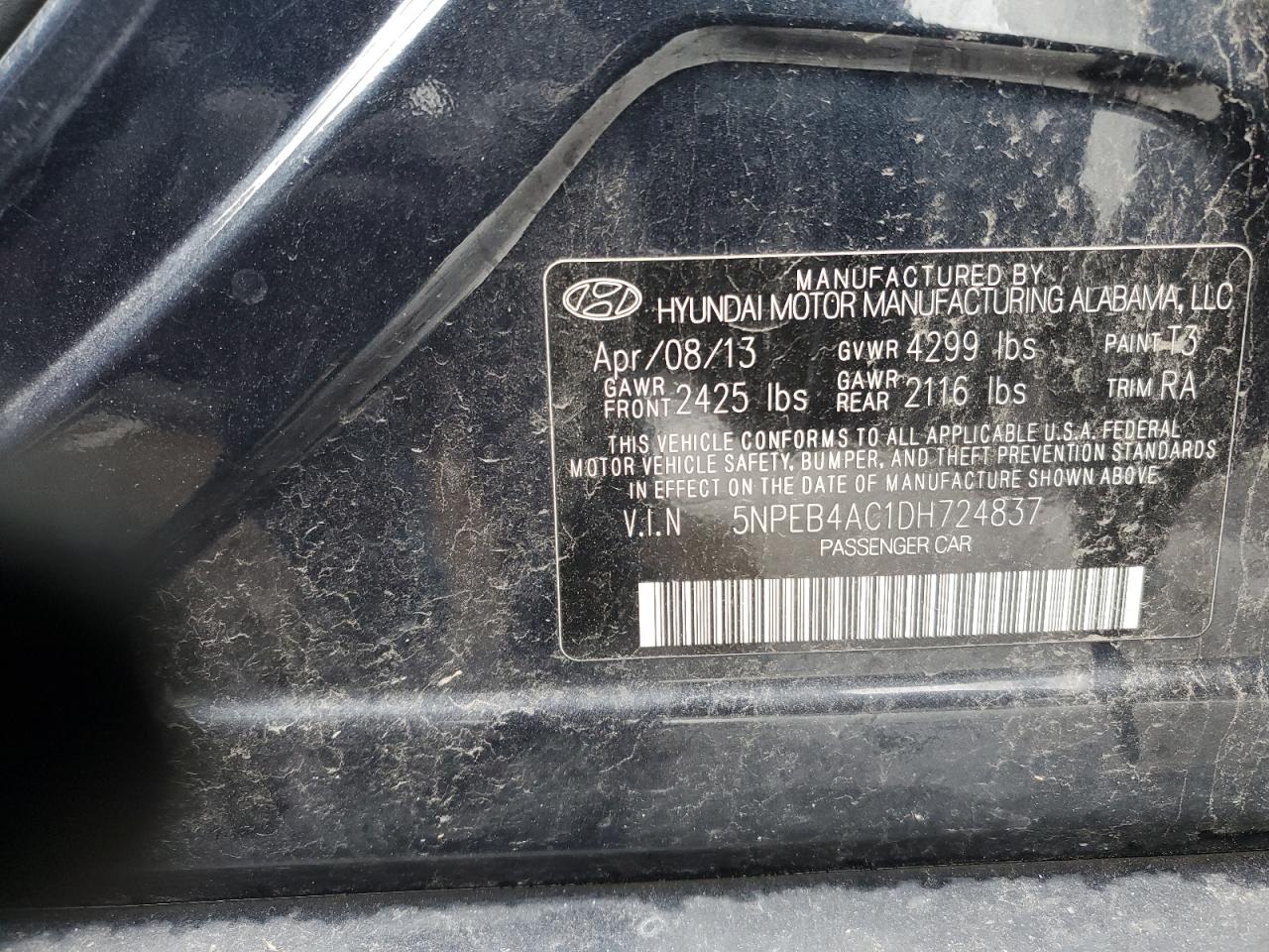 2013 Hyundai Sonata Gls VIN: 5NPEB4AC1DH724837 Lot: 62736364