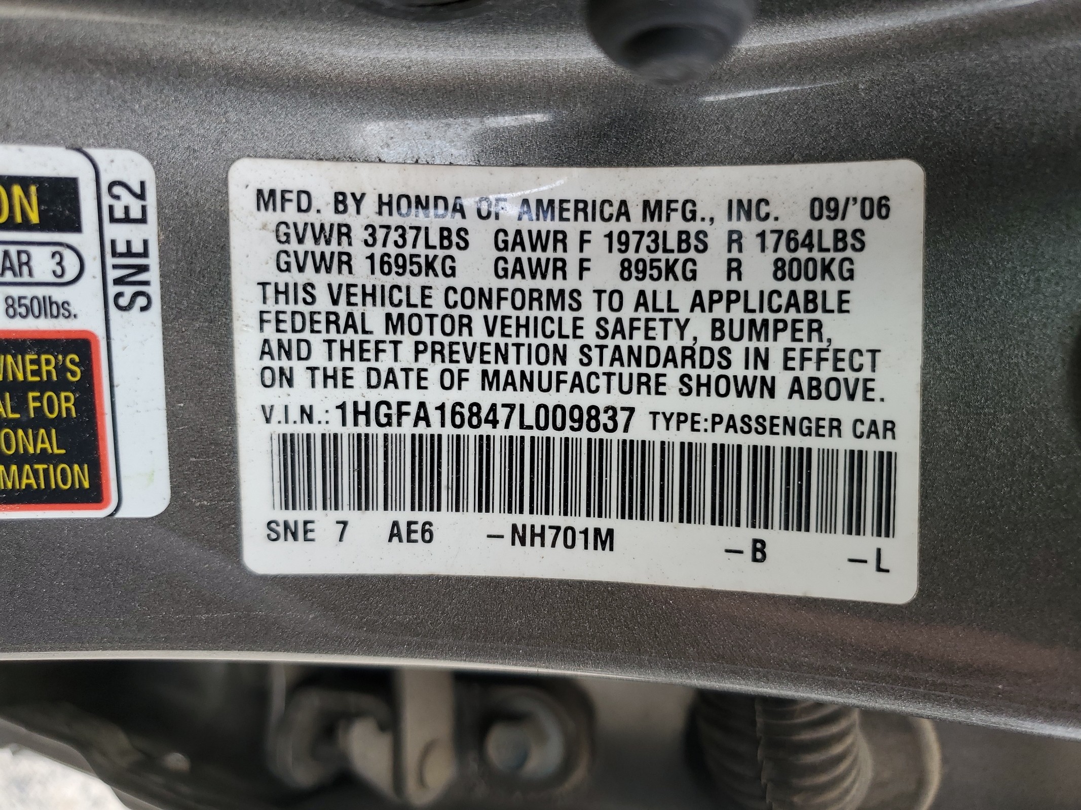 1HGFA16847L009837 2007 Honda Civic Ex