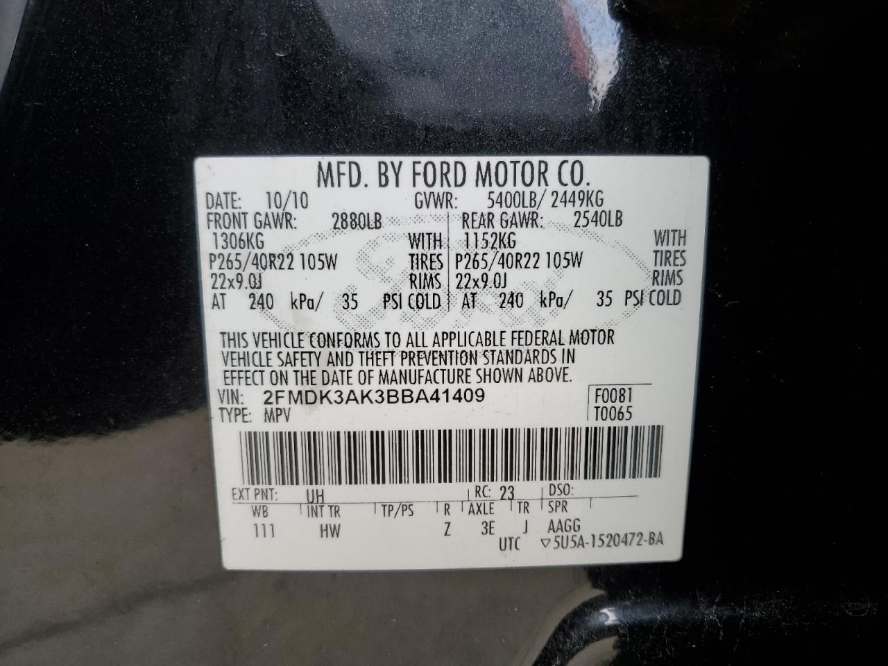 2011 Ford Edge Sport VIN: 2FMDK3AK3BBA41409 Lot: 49739864