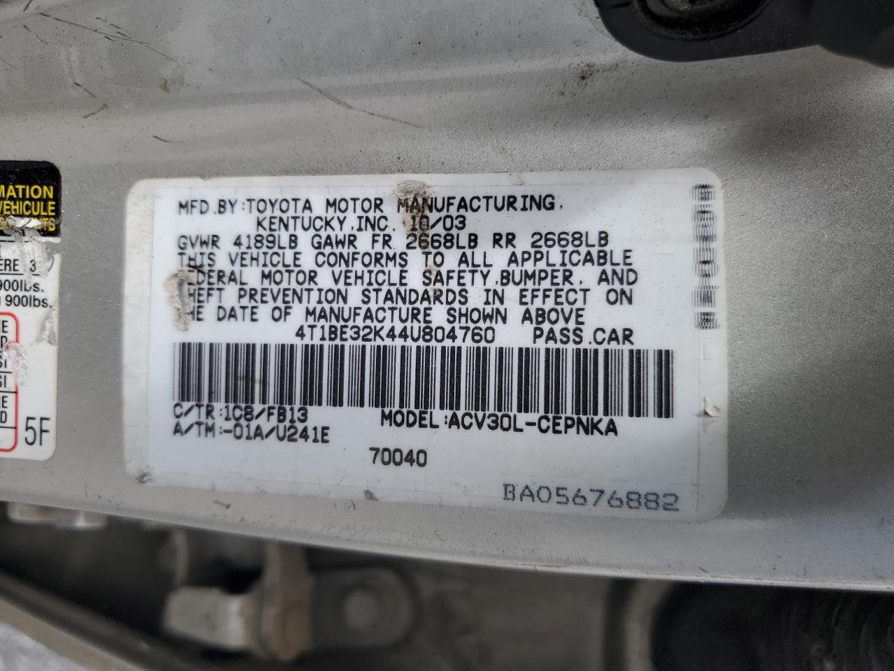 4T1BE32K44U804760 2004 Toyota Camry Le