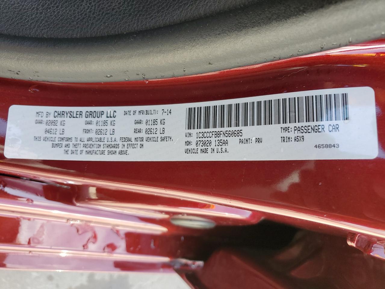 2015 Chrysler 200 Lx VIN: 1C3CCCFB8FN560685 Lot: 52139994