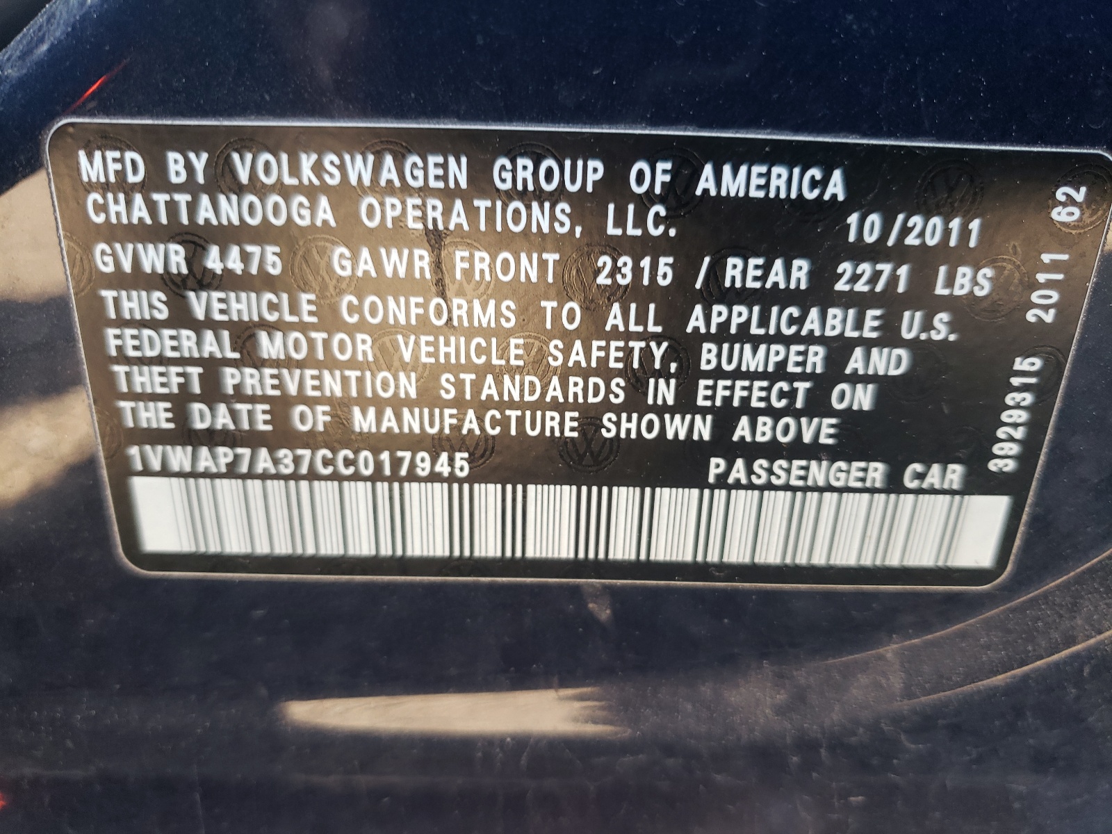 2012 Volkswagen Passat S vin: 1VWAP7A37CC017945