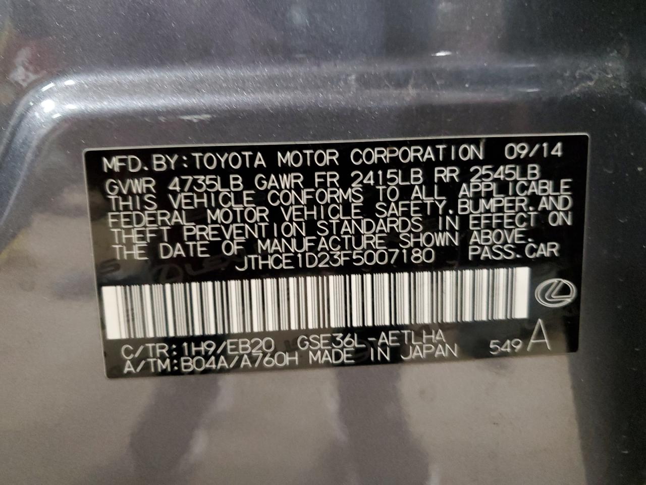 2015 Lexus Is 350 VIN: JTHCE1D23F5007180 Lot: 49907754