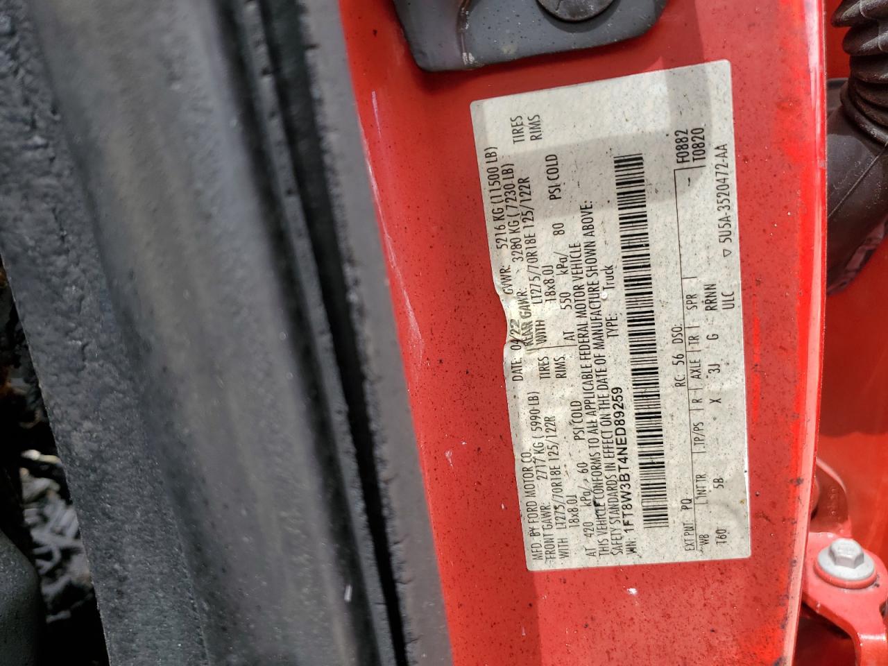 2022 Ford F350 Super Duty VIN: 1FT8W3BT4NED89259 Lot: 52182814