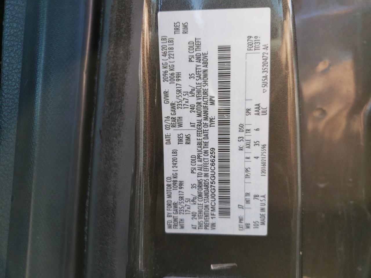 2016 Ford Escape Se VIN: 1FMCU0G75GUC66259 Lot: 51483114