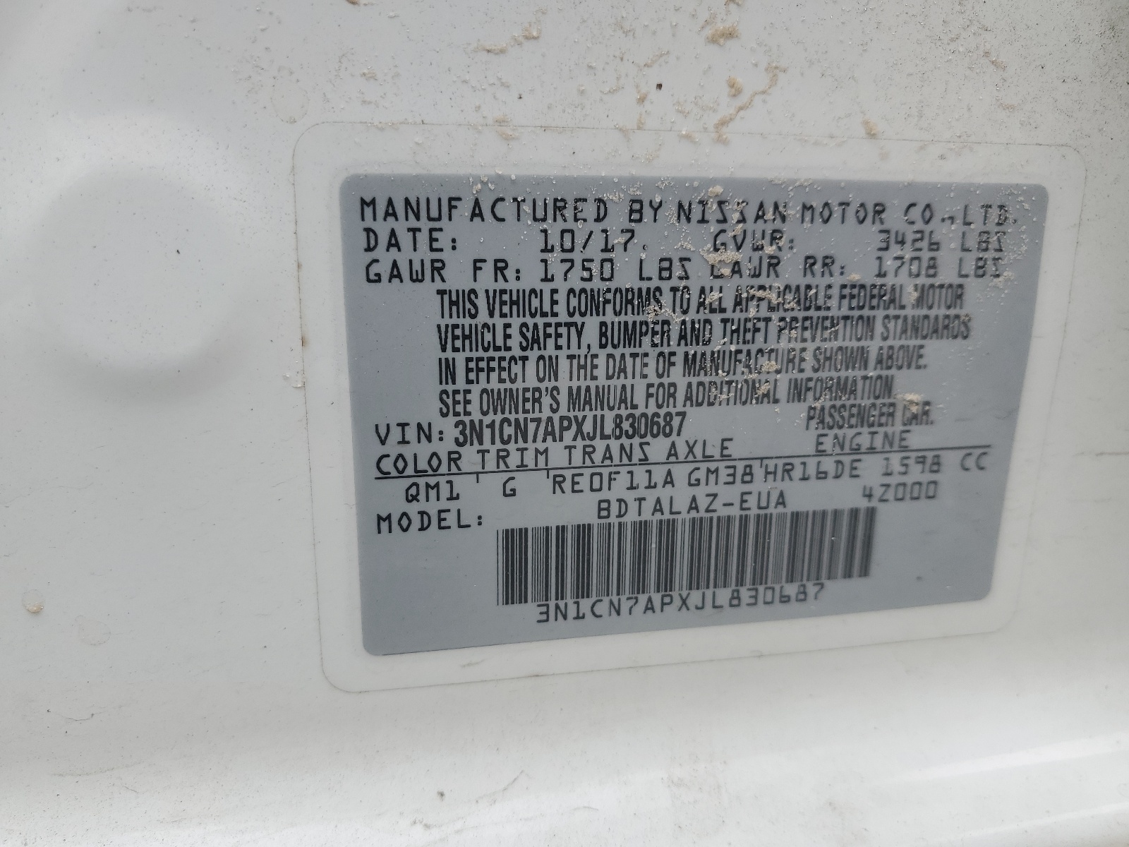 3N1CN7APXJL830687 2018 Nissan Versa S