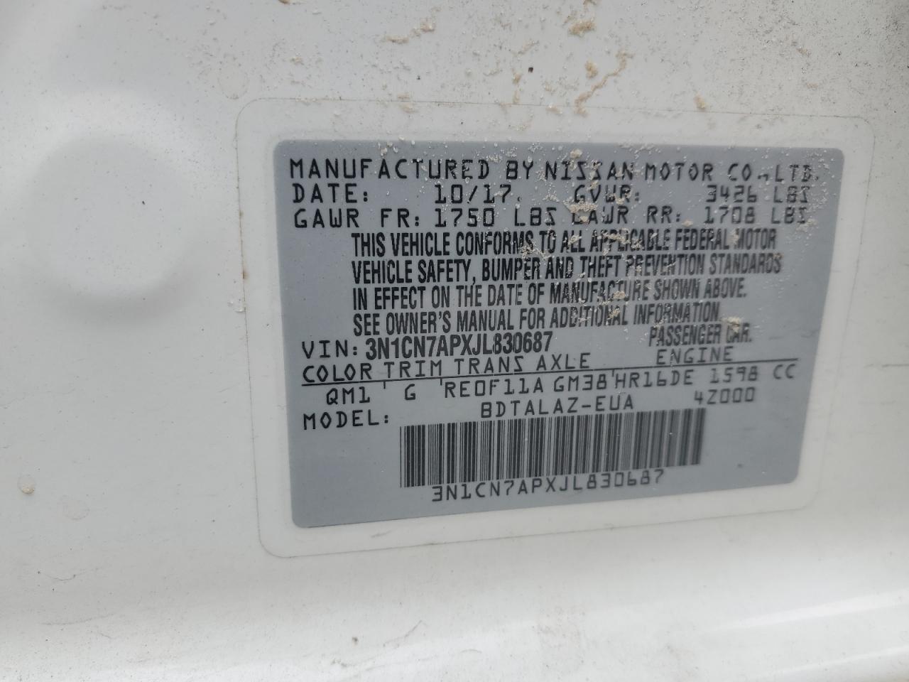 2018 Nissan Versa S VIN: 3N1CN7APXJL830687 Lot: 51229794