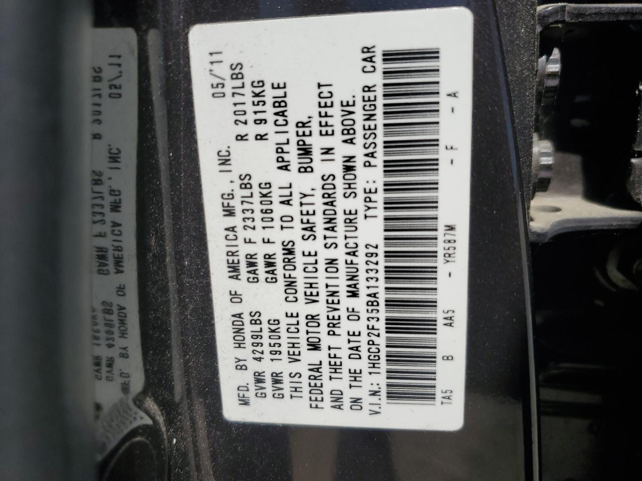 1HGCP2F35BA133292 2011 Honda Accord Lx