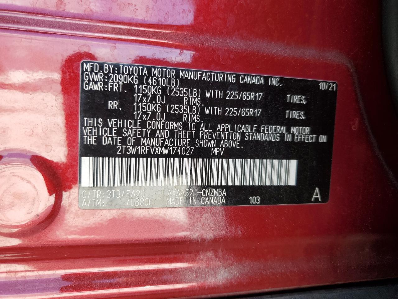 2021 Toyota Rav4 Xle VIN: 2T3W1RFVXMW174027 Lot: 51627204