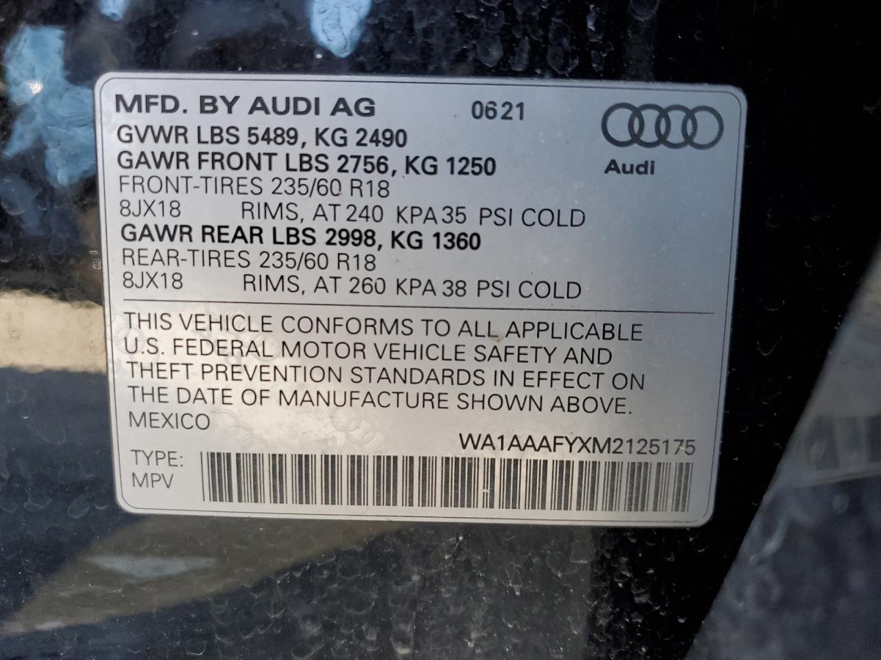 VIN WA1AAAFYXM2125175 2021 AUDI Q5 no.12