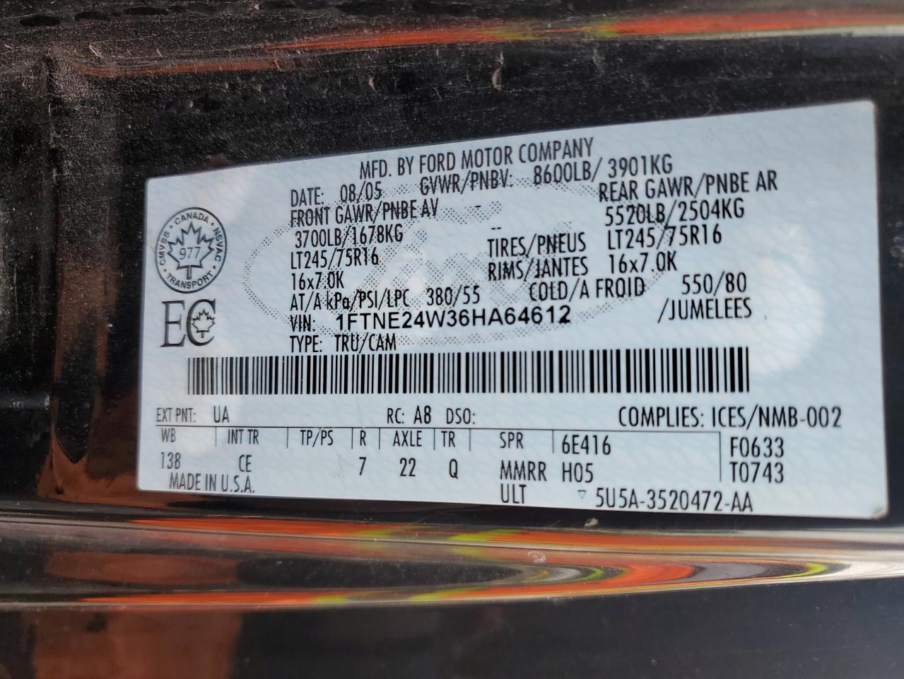 2006 Ford Econoline E250 Van VIN: 1FTNE24W36HA64612 Lot: 50263324