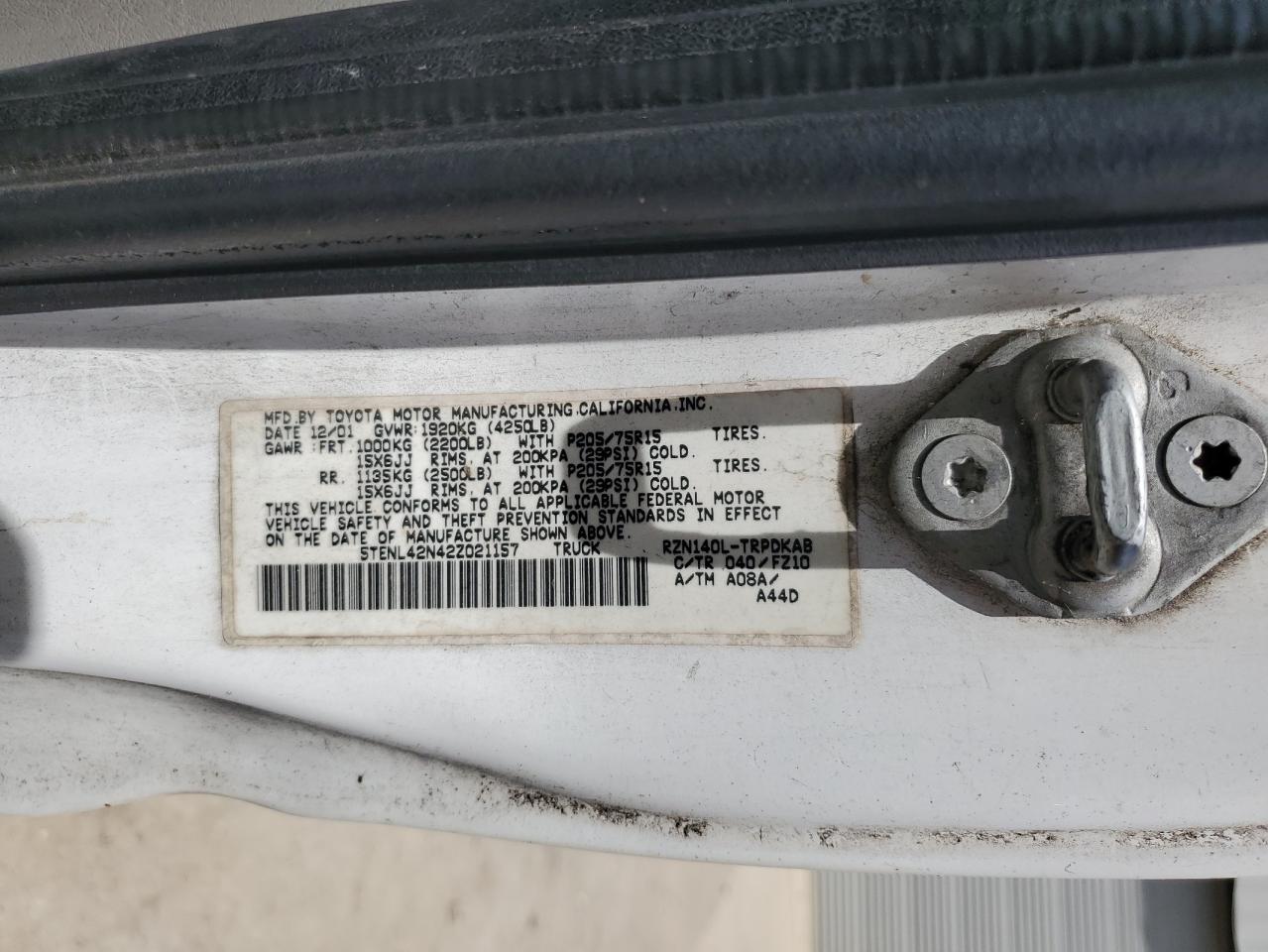 2002 Toyota Tacoma VIN: 5TENL42N42Z021157 Lot: 51633384