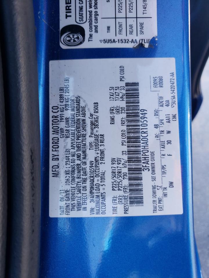 2012 Ford Fusion Se VIN: 3FAHP0HA0CR105949 Lot: 51804354