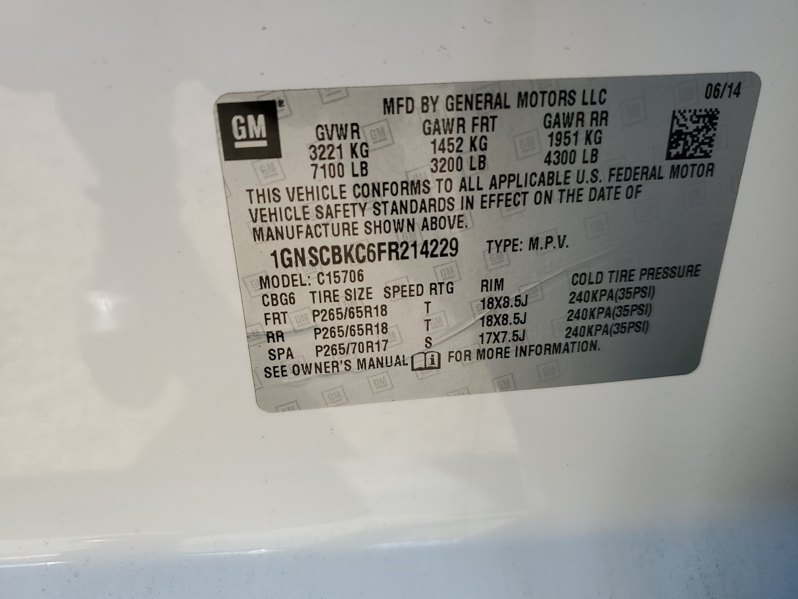 1GNSCBKC6FR214229 2015 Chevrolet Tahoe C1500 Lt