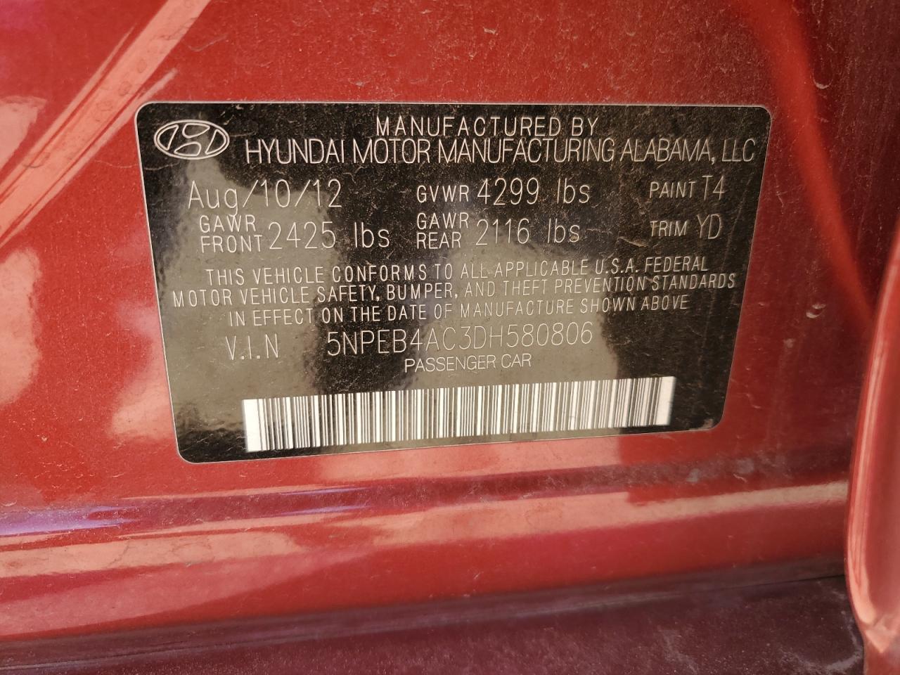 5NPEB4AC3DH580806 2013 Hyundai Sonata Gls