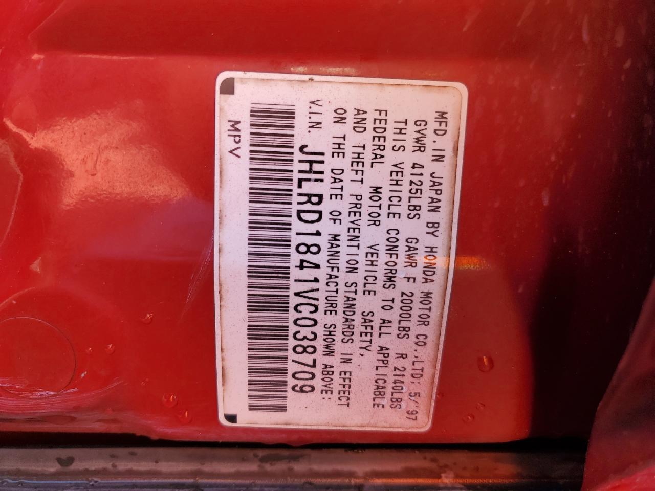 1997 Honda Cr-V Lx VIN: JHLRD1841VC038709 Lot: 62784754