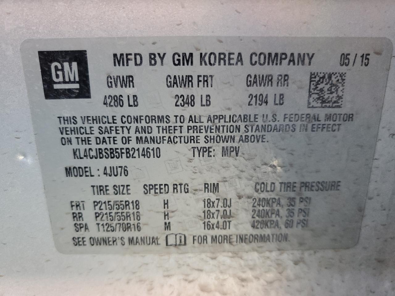 2015 BUICK ENCORE with FRONT END damage, VIN KL4CJBSB5FB214610