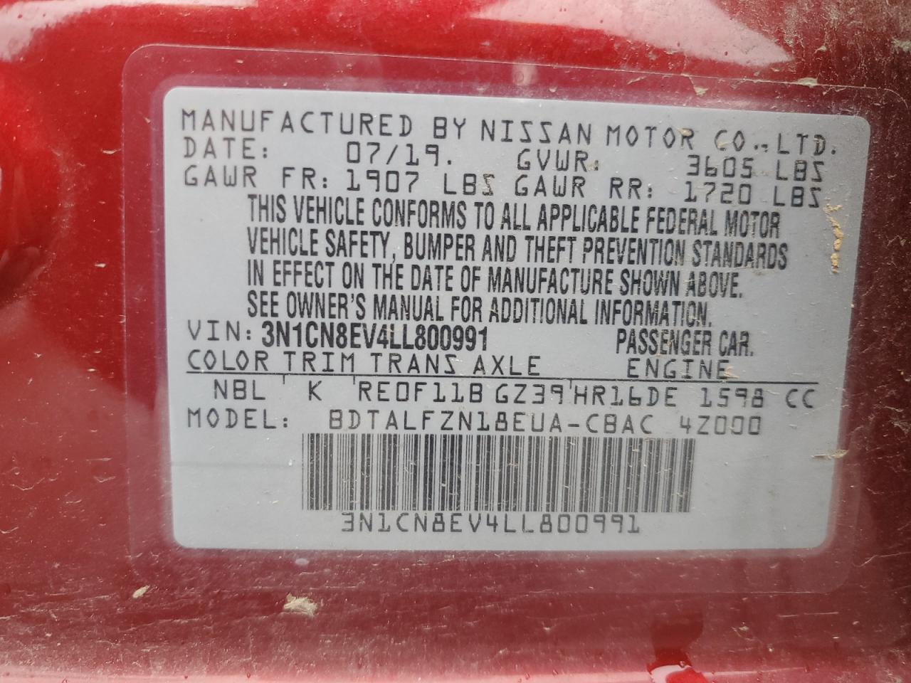 VIN 3N1CN8EV4LL800991 2020 NISSAN VERSA no.12