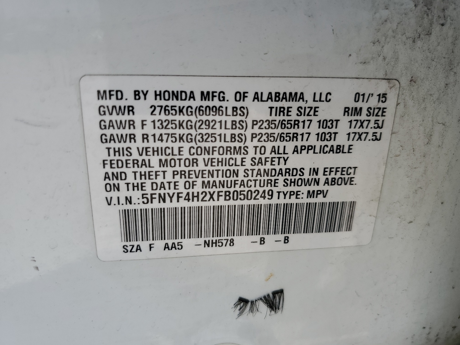 5FNYF4H2XFB050249 2015 Honda Pilot Lx