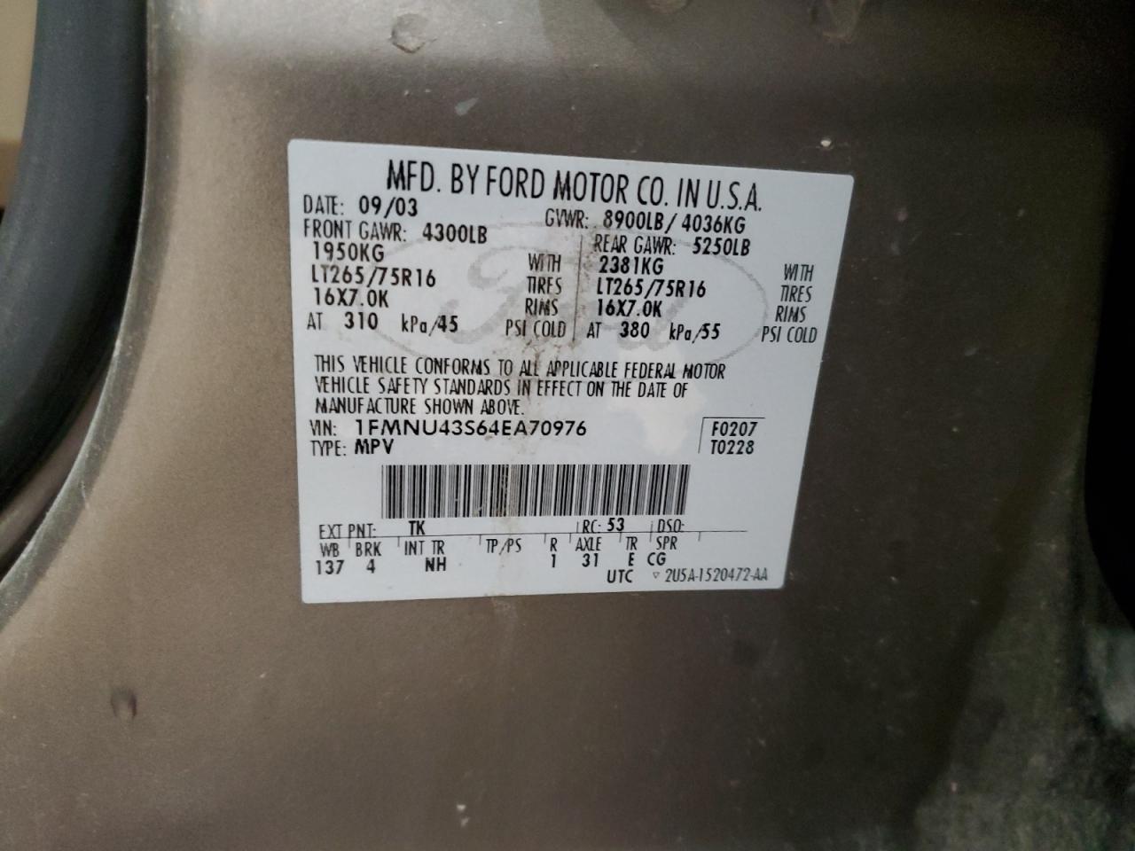 2004 Ford Excursion Limited VIN: 1FMNU43S64EA70976 Lot: 72036304