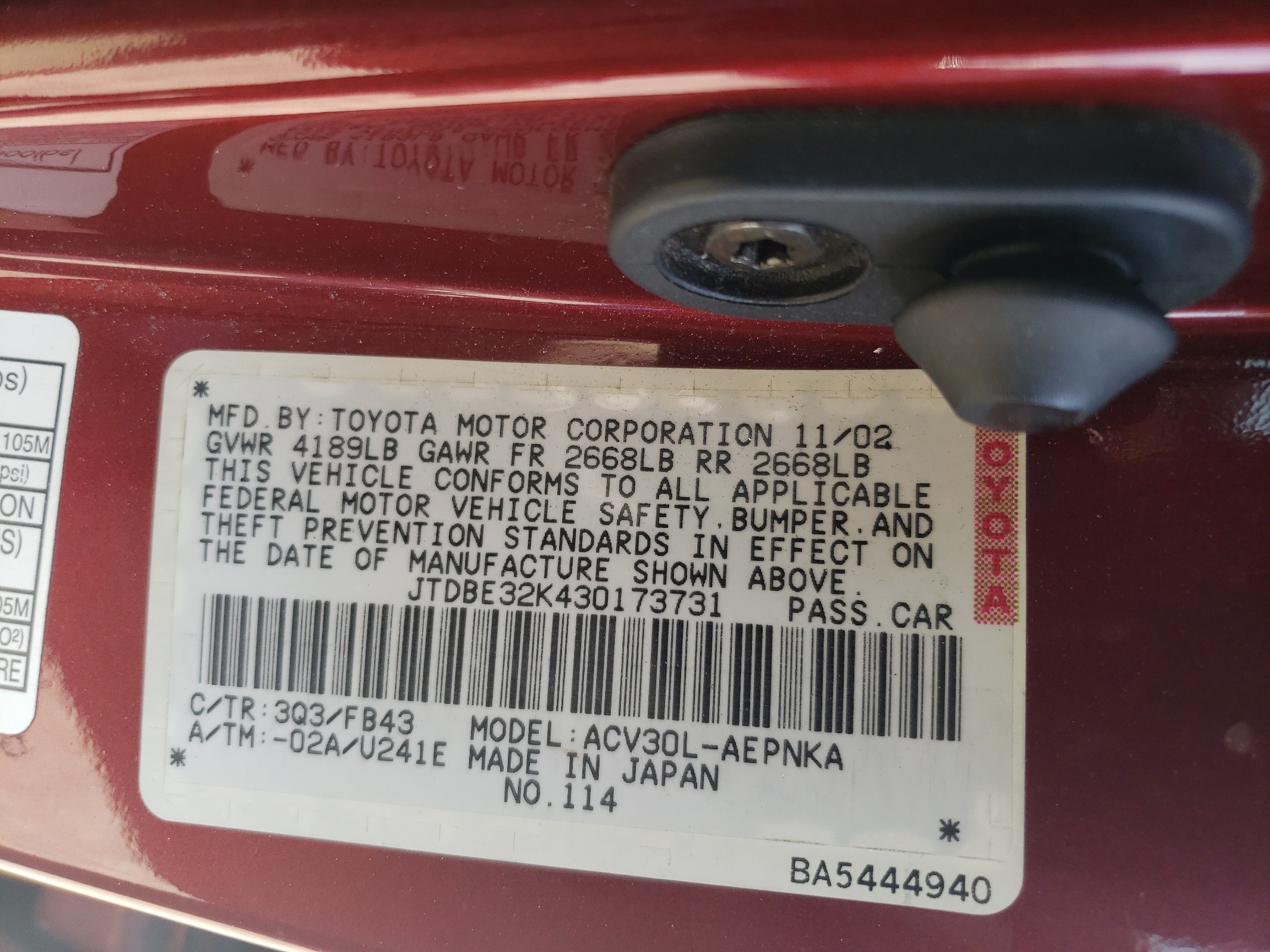 JTDBE32K430173731 2003 Toyota Camry Le