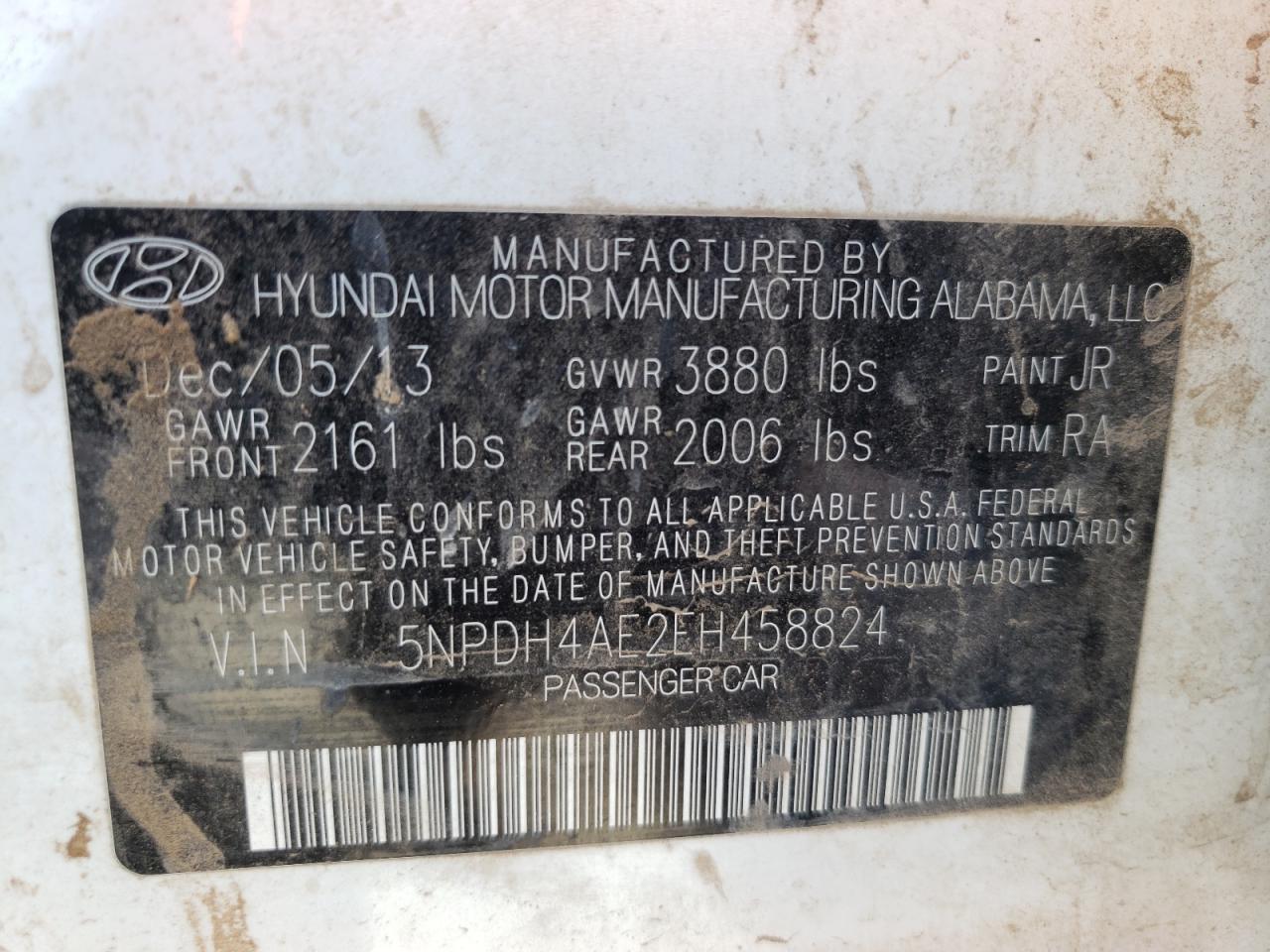 2014 Hyundai Elantra Se VIN: 5NPDH4AE2EH458824 Lot: 51014285